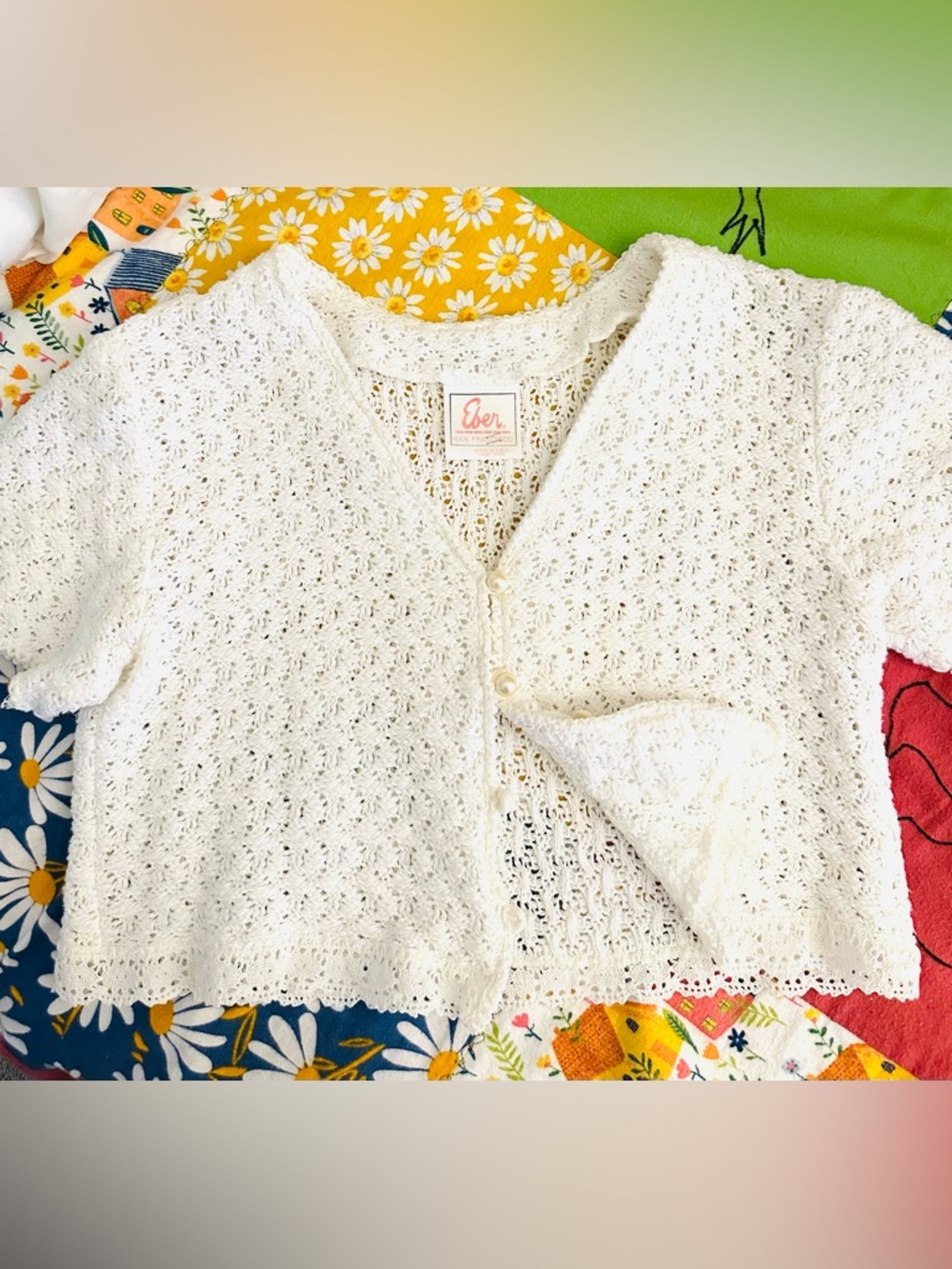 Vintage Eber San Francisco Crochet Cardigan Ivory Boho Cottagecore Knit Top USA